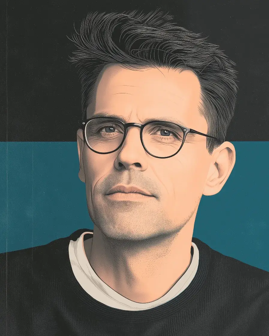 Illustrated portrait of Ryan H — a screenprint-style drawing